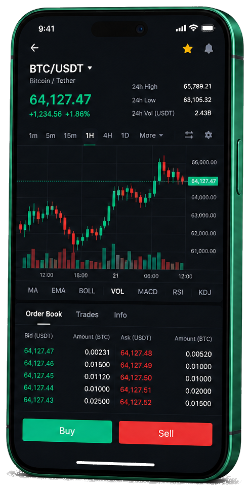 Interface mobile de trading François Lenglet — prix BTC/USDT en direct, carnet d’ordres et outils de suivi des opérations